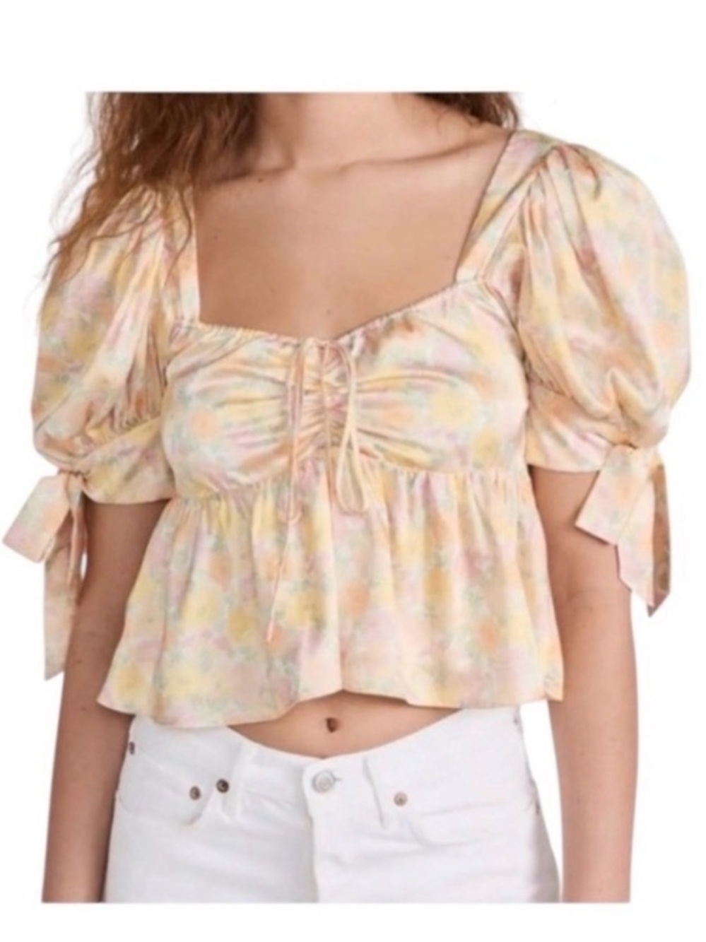 Wayf Terry Crop Top Sweetheart Neck Floral Smocked Back Bowed Sleeves Size Small